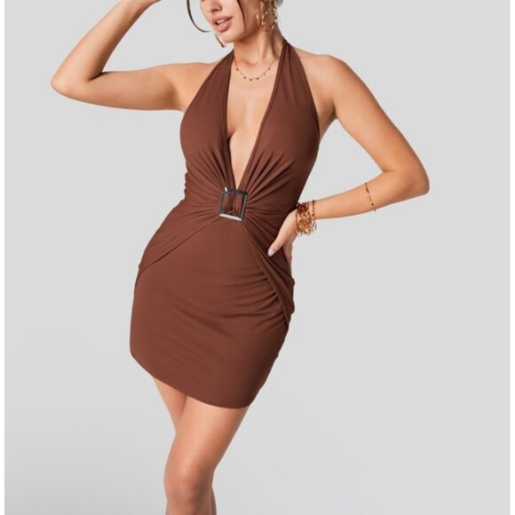 Halara Deep V Neck Halter Backless Ruched Bodycon Mini Casual Dress Sz Large Bro - Picture 1 of 14